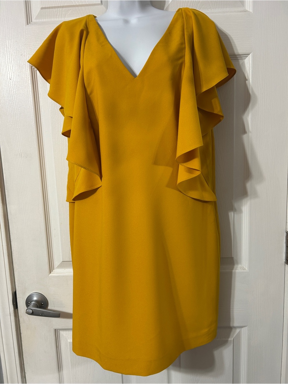 New York & Company Mustard Ruffle Sleeve V-Neck Midi Dress